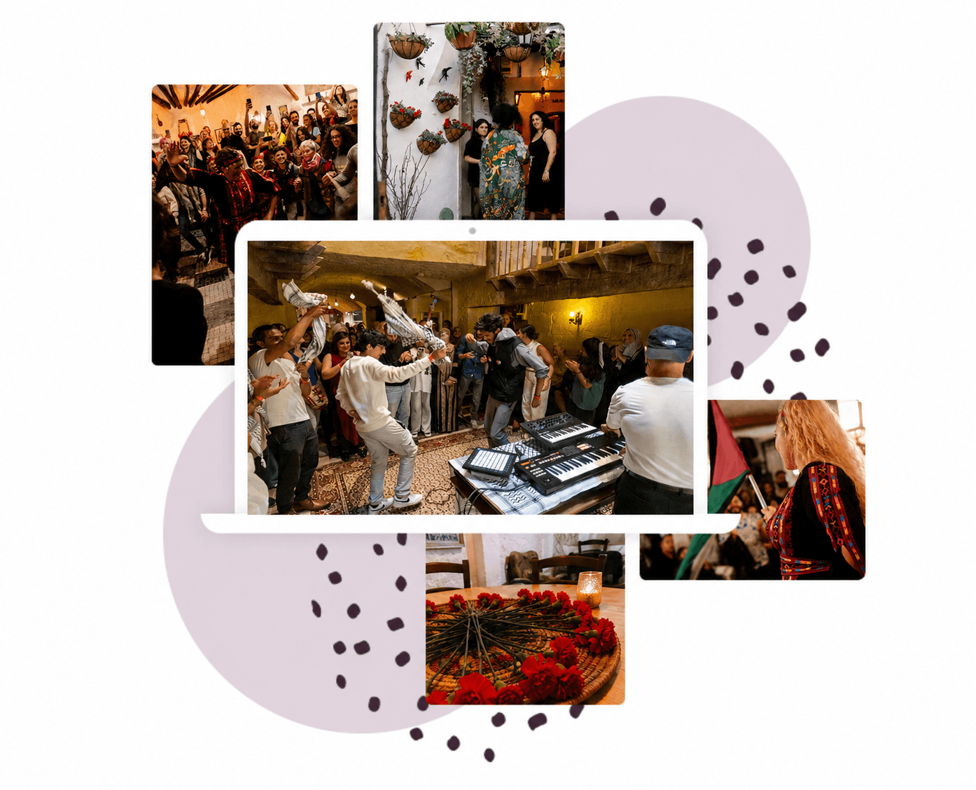 An illustration of people gathered around a long table in the café of Palestine House, sharing a meal in warm late light.