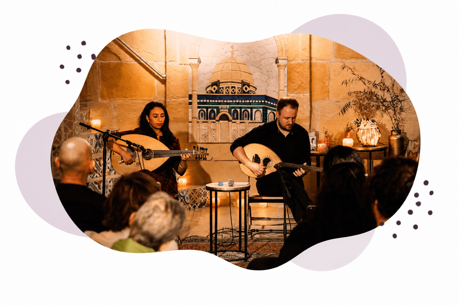 An illustration of a musician playing the oud on the low stage of Palestine House, an audience gathered close.